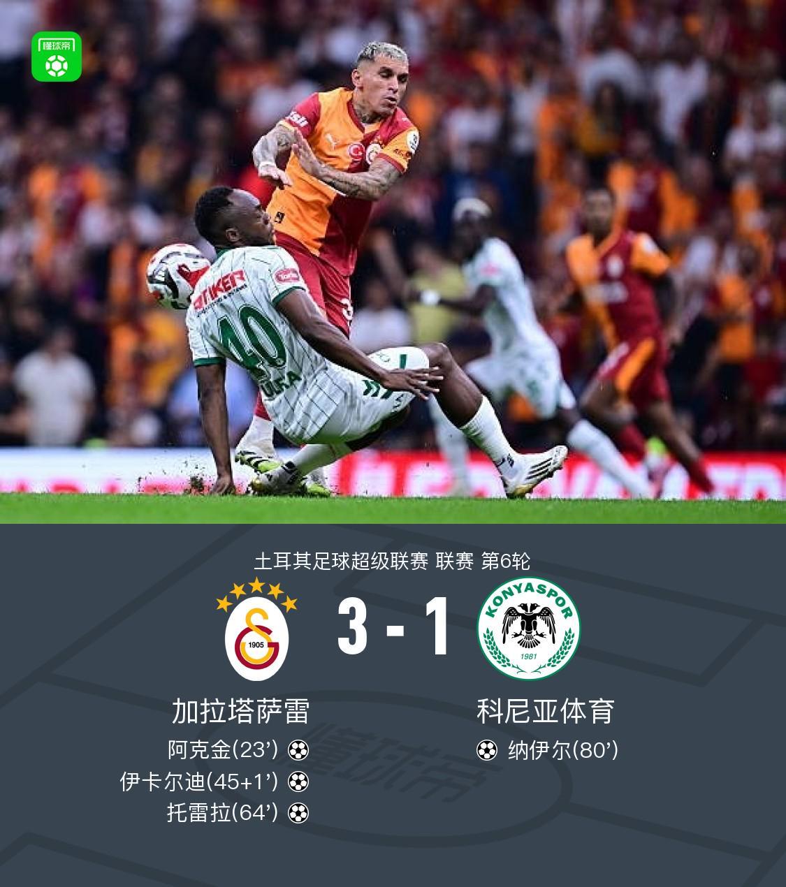 加拉塔萨雷3-1力克科尼亚体育，阿克金传射闪耀全场