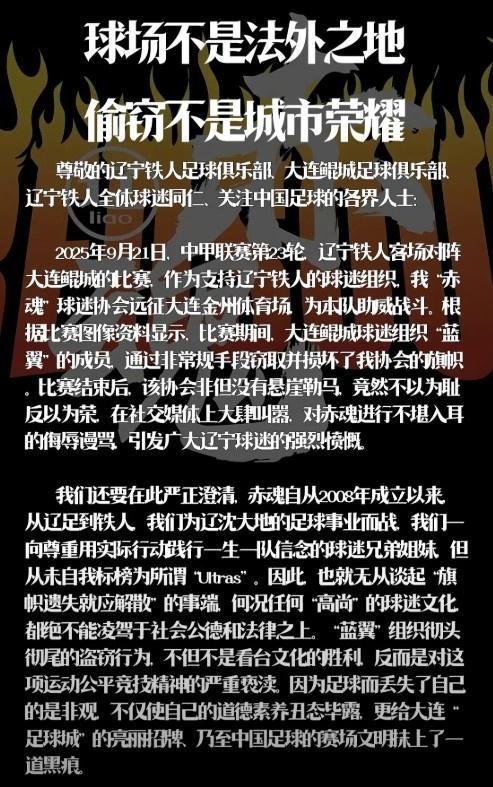 辽宁铁人赤魂球迷协会指控蓝翼窃取损坏旗帜事件