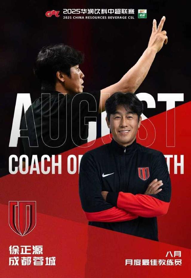 徐正源率蓉城8月3胜1平，荣膺中超月度最佳教练