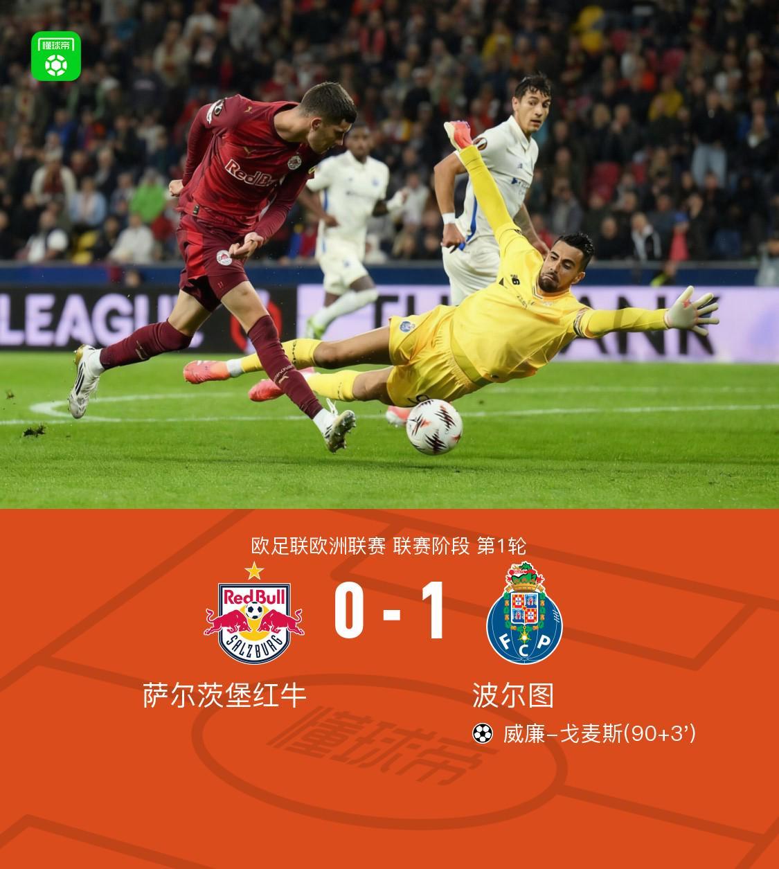 欧联杯波尔图1-0力克萨尔茨堡红牛，威廉-戈麦斯绝杀建功