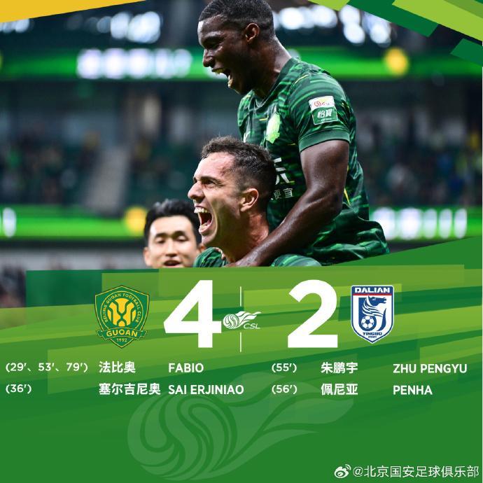 中超第26轮：北京国安4-2力克大连英博海发，法比奥帽子戏法创纪录