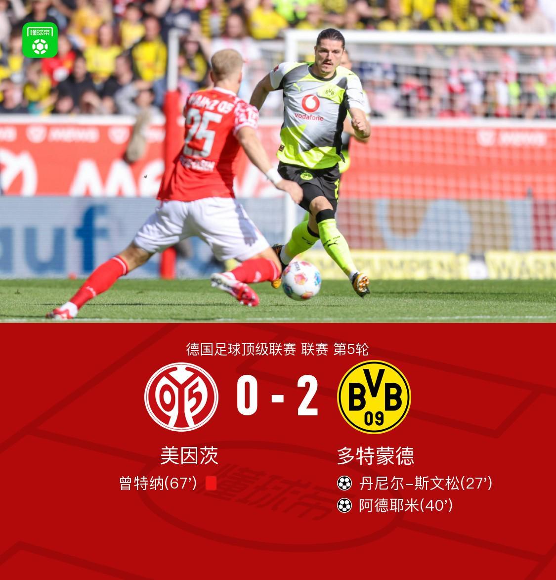 德甲多特蒙德2-0客胜美因茨，阿德耶米建功+造红牌，布兰特双助攻