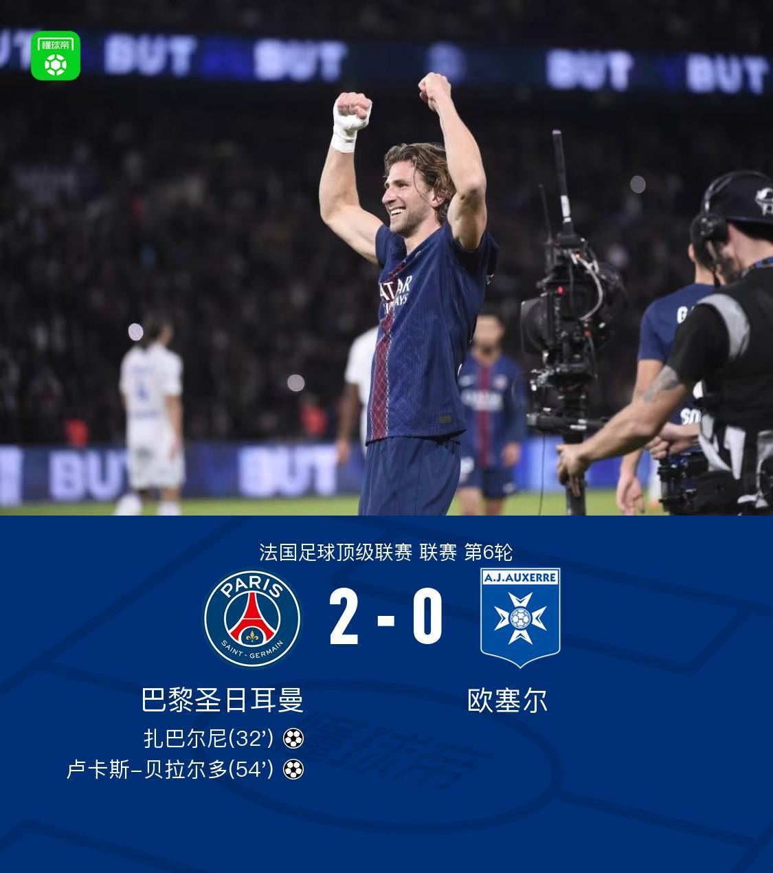 巴黎圣日耳曼2-0胜欧塞尔，扎巴尔尼首球贝拉尔多建功