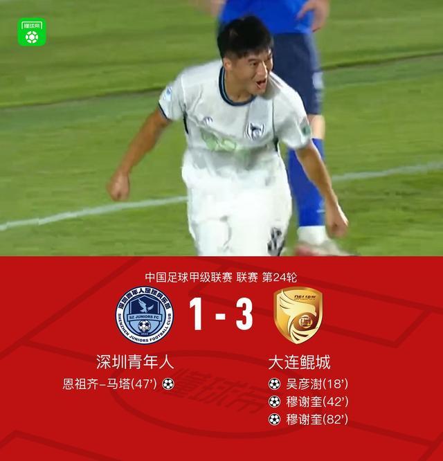 大连鲲城3-1力克深圳青年人，穆谢奎双响闪耀全场