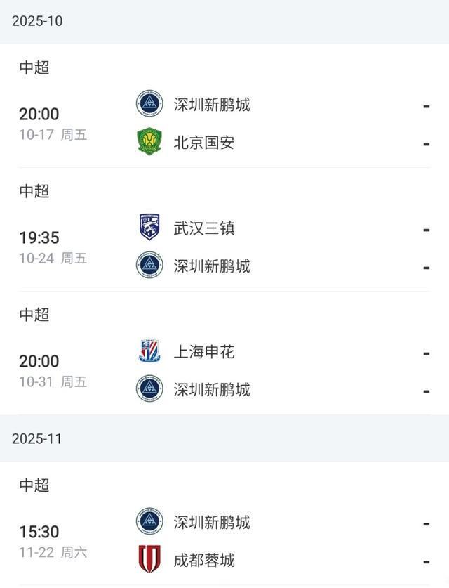 中超保级生死战！深圳新鹏城仅领先降级区2分，末轮迎战四大豪强