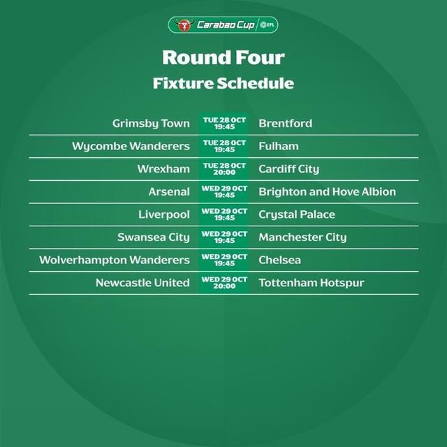英联杯第四轮赛程公布：利物浦vs水晶宫10月30日凌晨开战