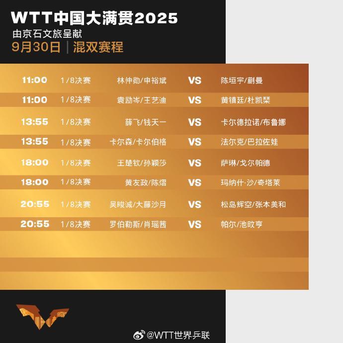 WTT中国大满贯2025：9月30日赛程全解析，莎头组合混双登场