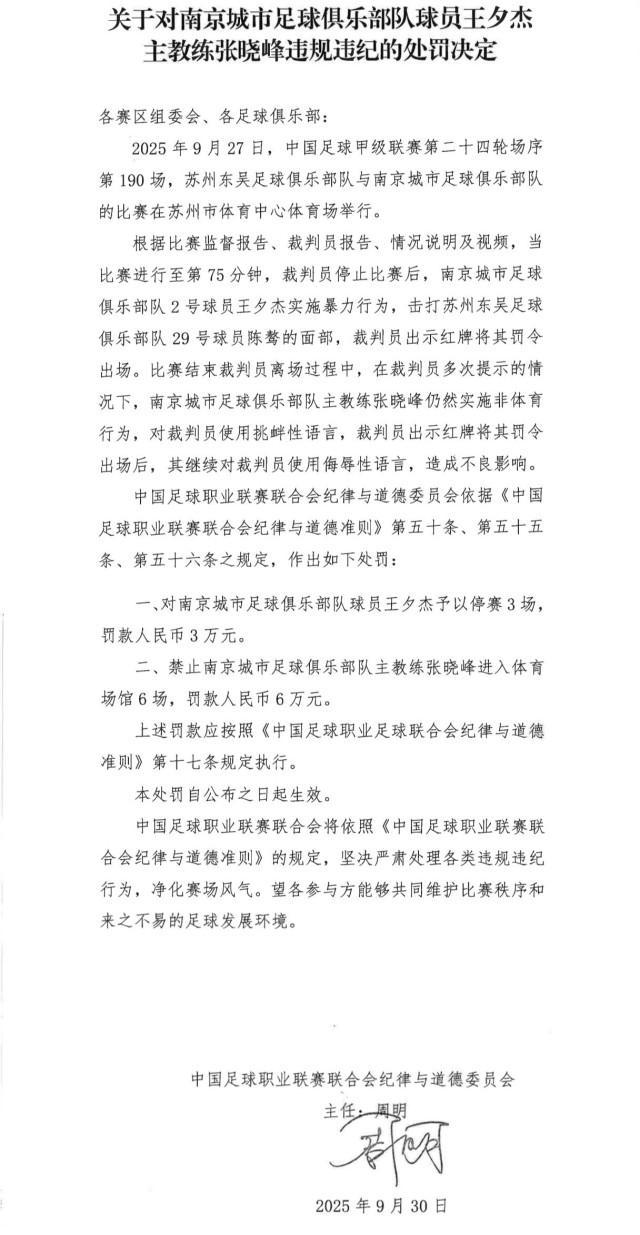 南京城市主帅张晓峰因违规被禁赛6场，罚款6万元