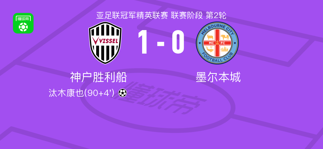 亚冠精英赛：神户胜利船1-0绝杀墨尔本城，汰木康也制胜球
