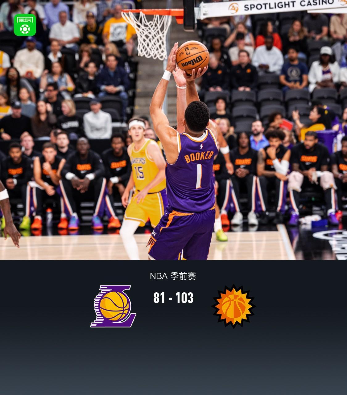 NBA季前赛：太阳103-81大胜湖人，布克24+7闪耀全场