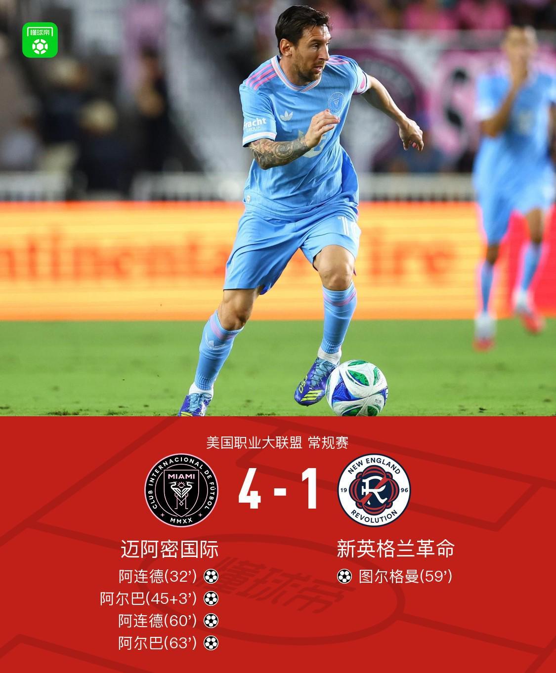 迈阿密国际4-1大胜新英格兰革命，梅西三度助攻闪耀全场