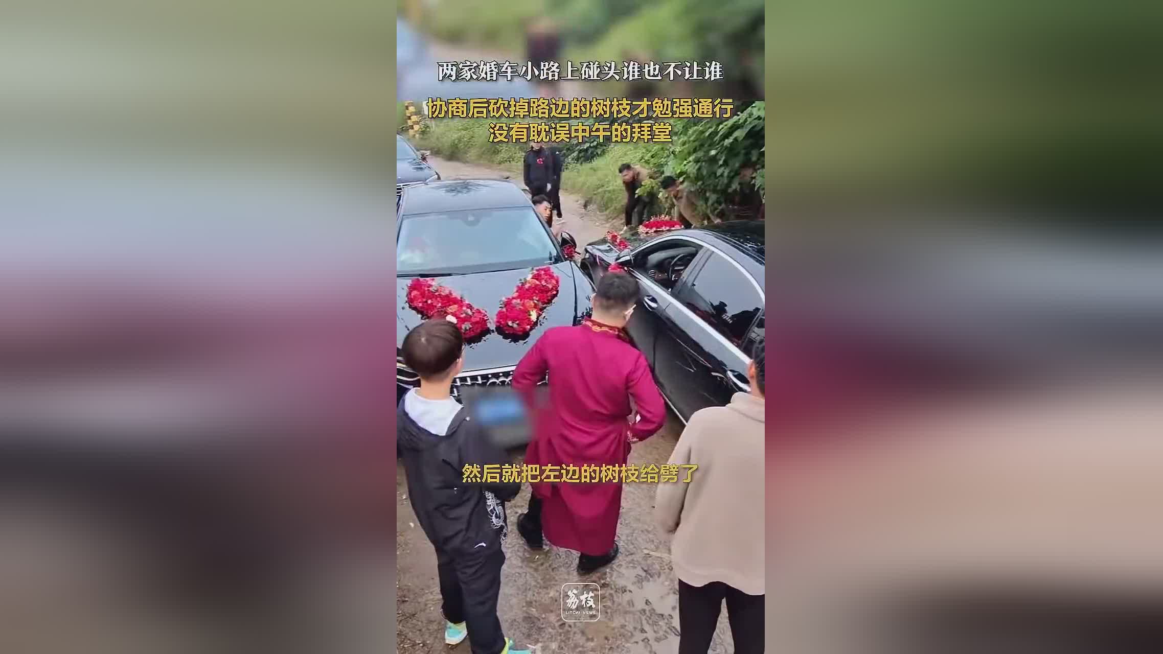 山东菏泽：两家婚车小路相遇互不让行，砍枝通行未误拜堂