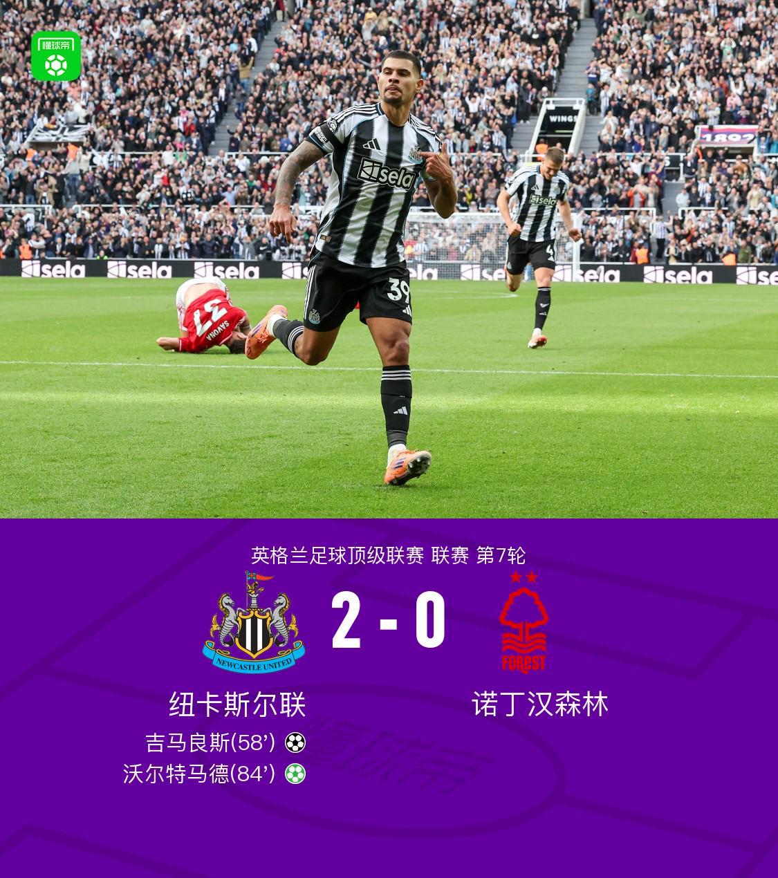 纽卡斯尔联2-0完胜诺丁汉森林 吉马良斯世界波+沃尔特马德点射建功