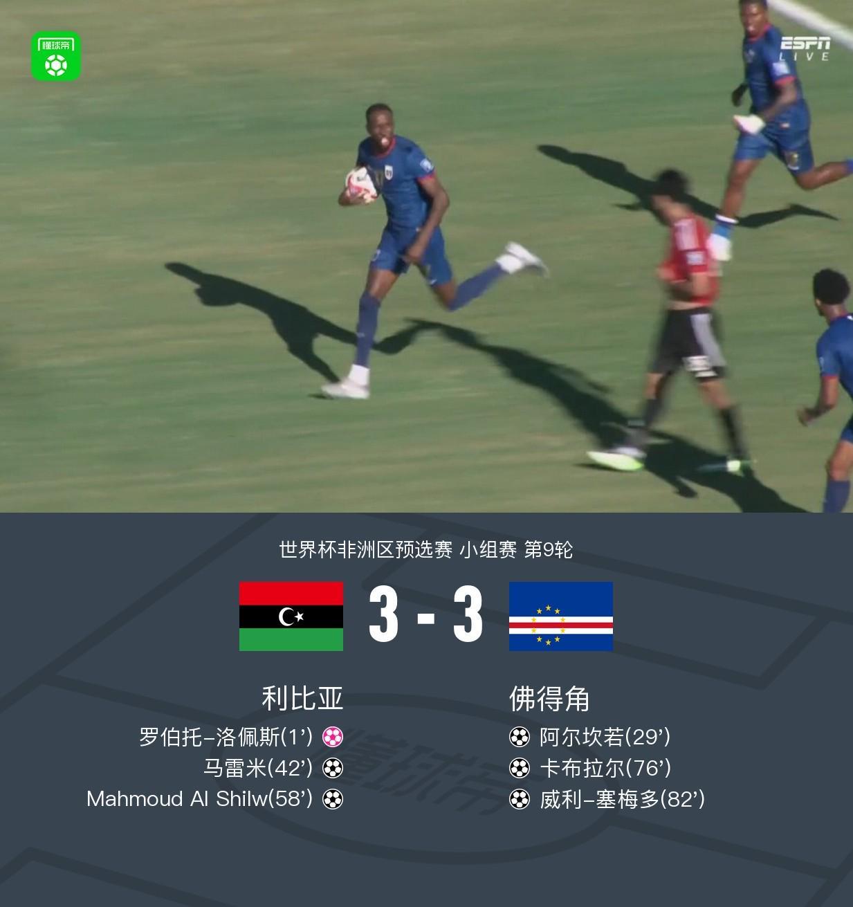 佛得角3-3客平利比亚，领先喀麦隆2分末轮取胜即出线