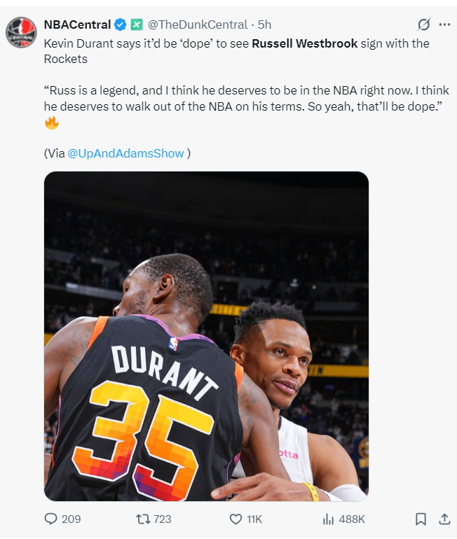 KD力挺威少重聚火箭：愿联手但无决策权，名宿力挺37岁神龟留NBA