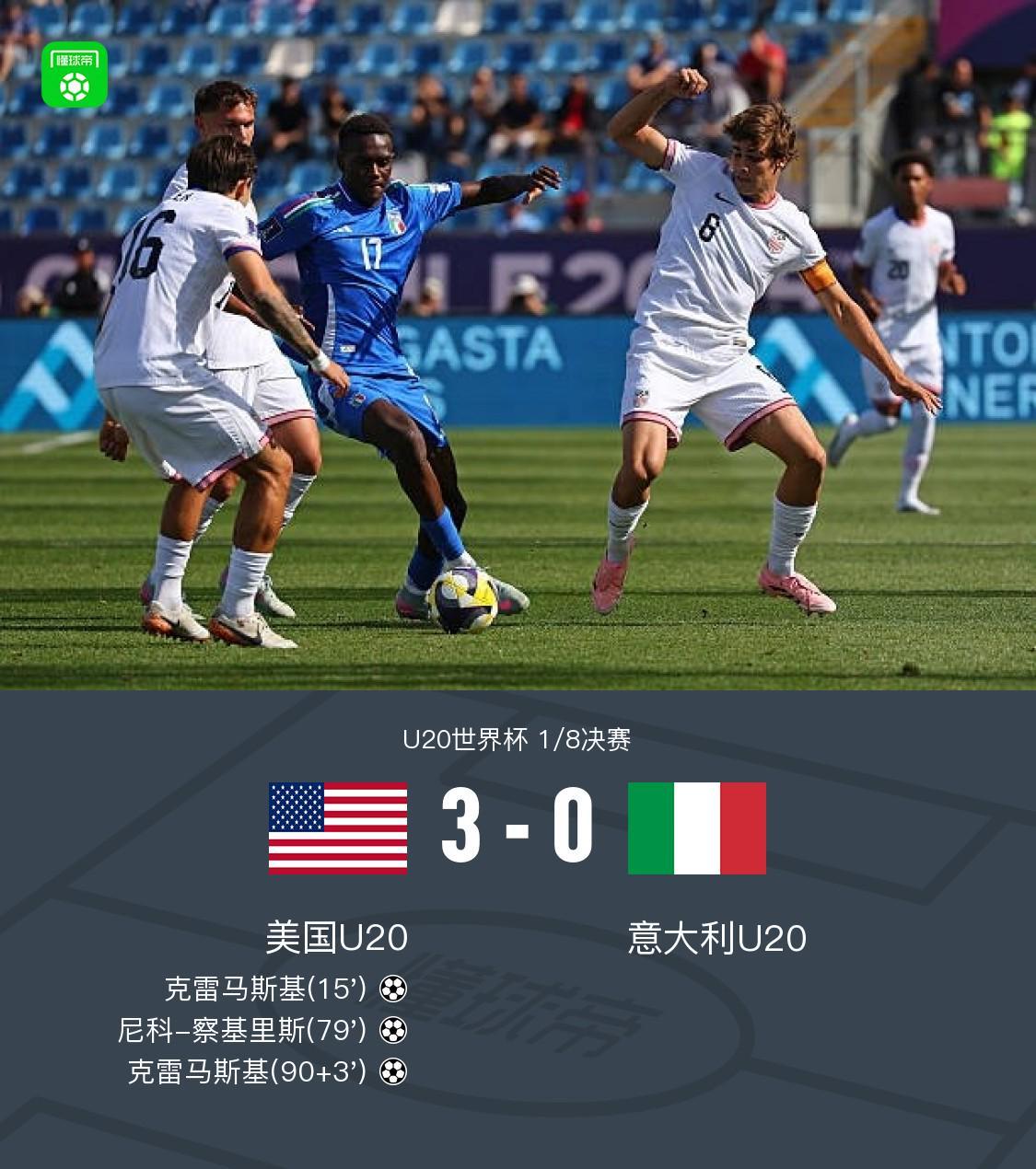 U20世界杯：美国3-0完胜意大利，克雷马斯基双响建功