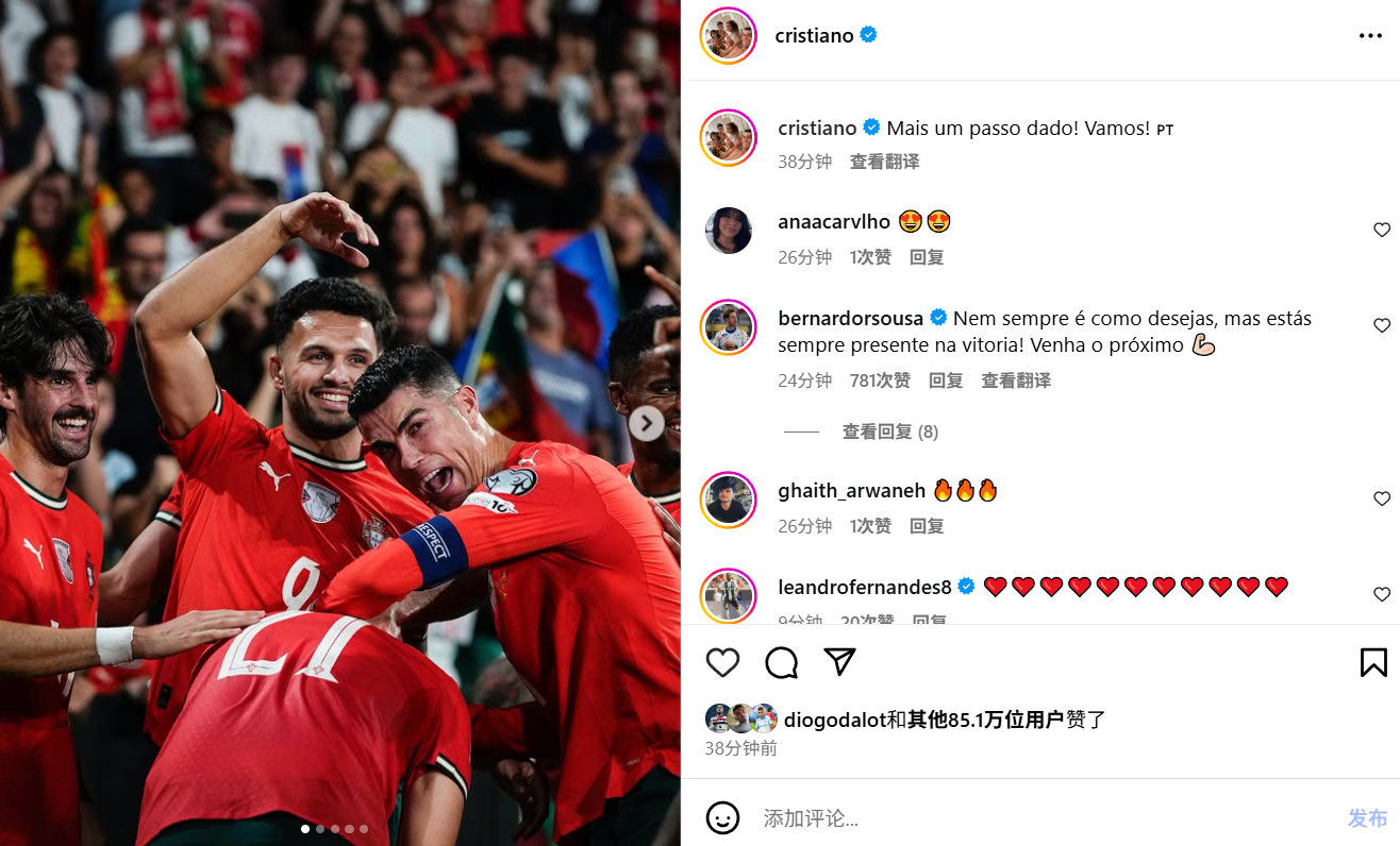 葡萄牙1-0胜爱尔兰！C罗罚失点球后发声：继续前进葡萄牙！