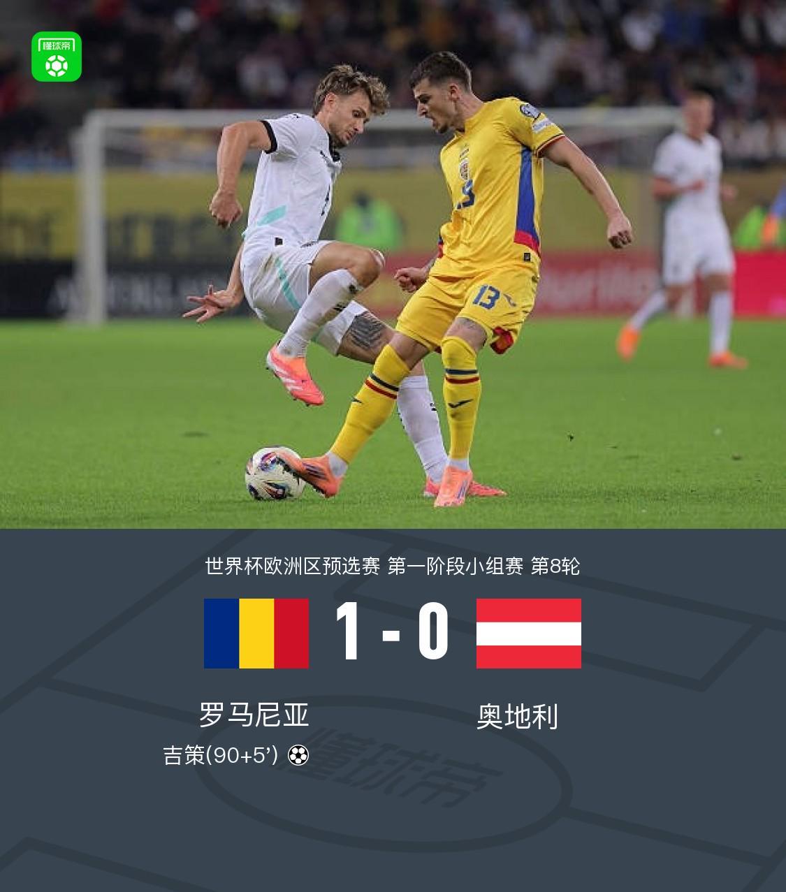 罗马尼亚1-0绝杀奥地利，吉策读秒头槌定乾坤