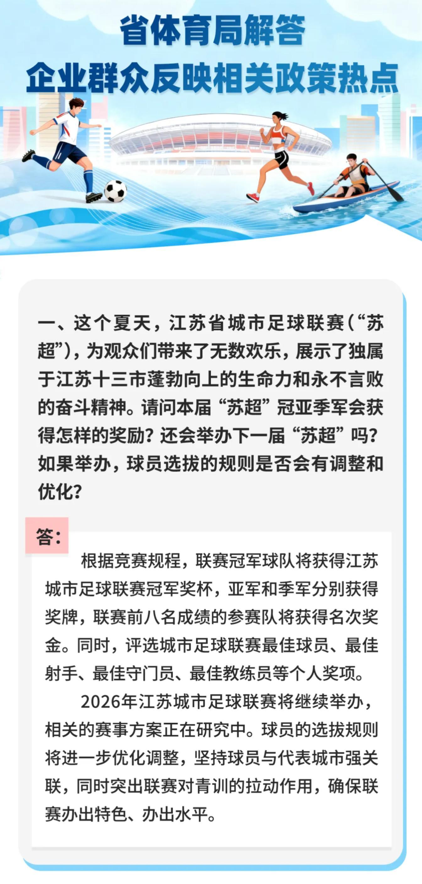 江苏省体育局确认：2026年“苏超”联赛持续举办，选拔规则优化升级