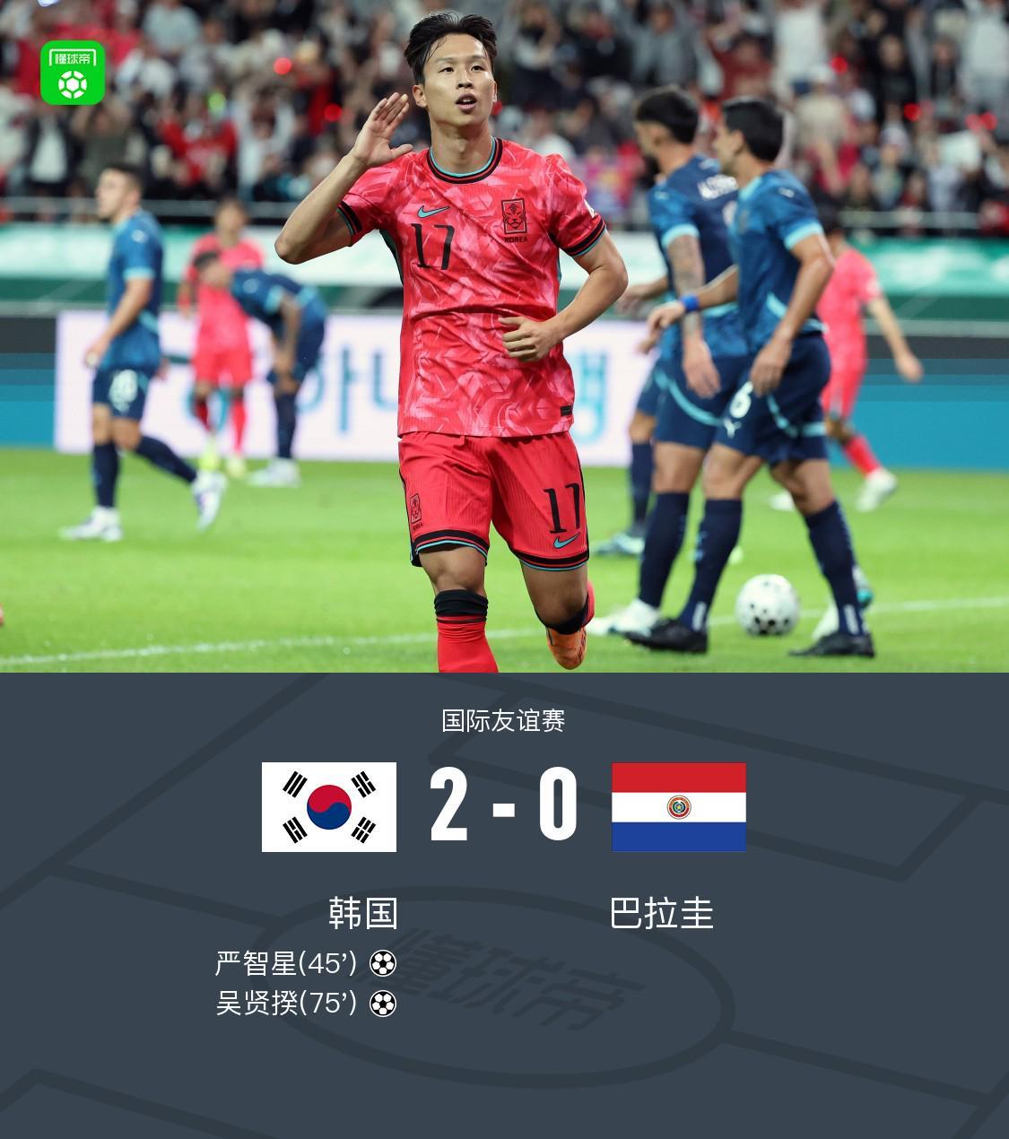 韩国2-0完胜巴拉圭：严智星、吴贤揆建功，巴拉圭错失多次良机