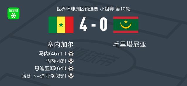 塞内加尔4-0大胜毛里塔尼亚，马内双响助队晋级世界杯
