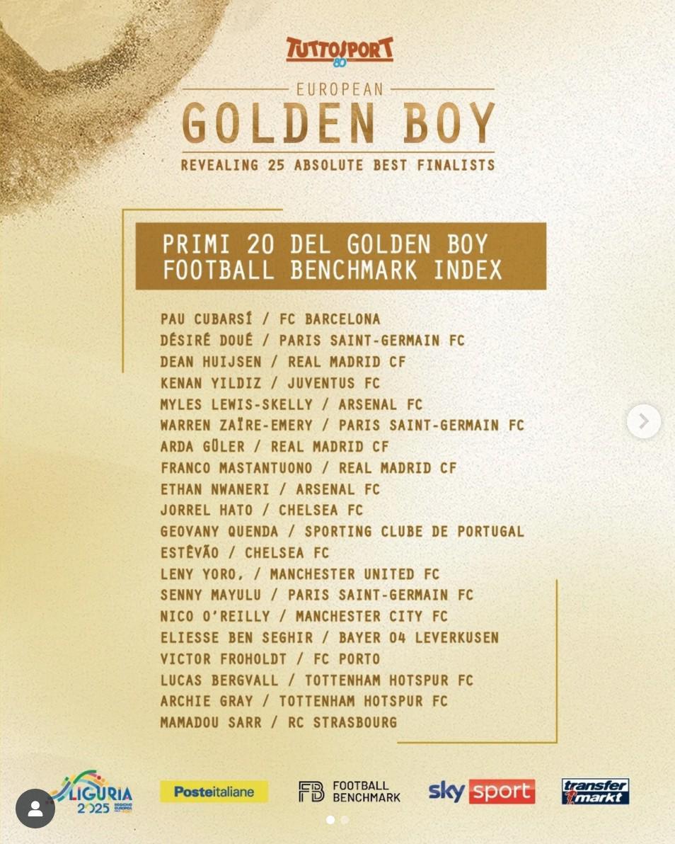 2025金童奖25人候选名单揭晓：杜埃、居莱尔领衔，豪门新星云集