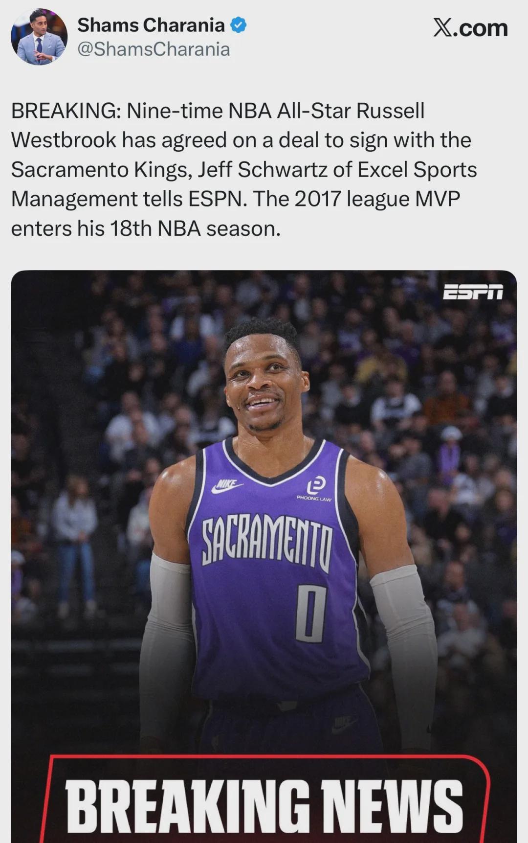 威少重返NBA！正式签约国王开启第18个赛季