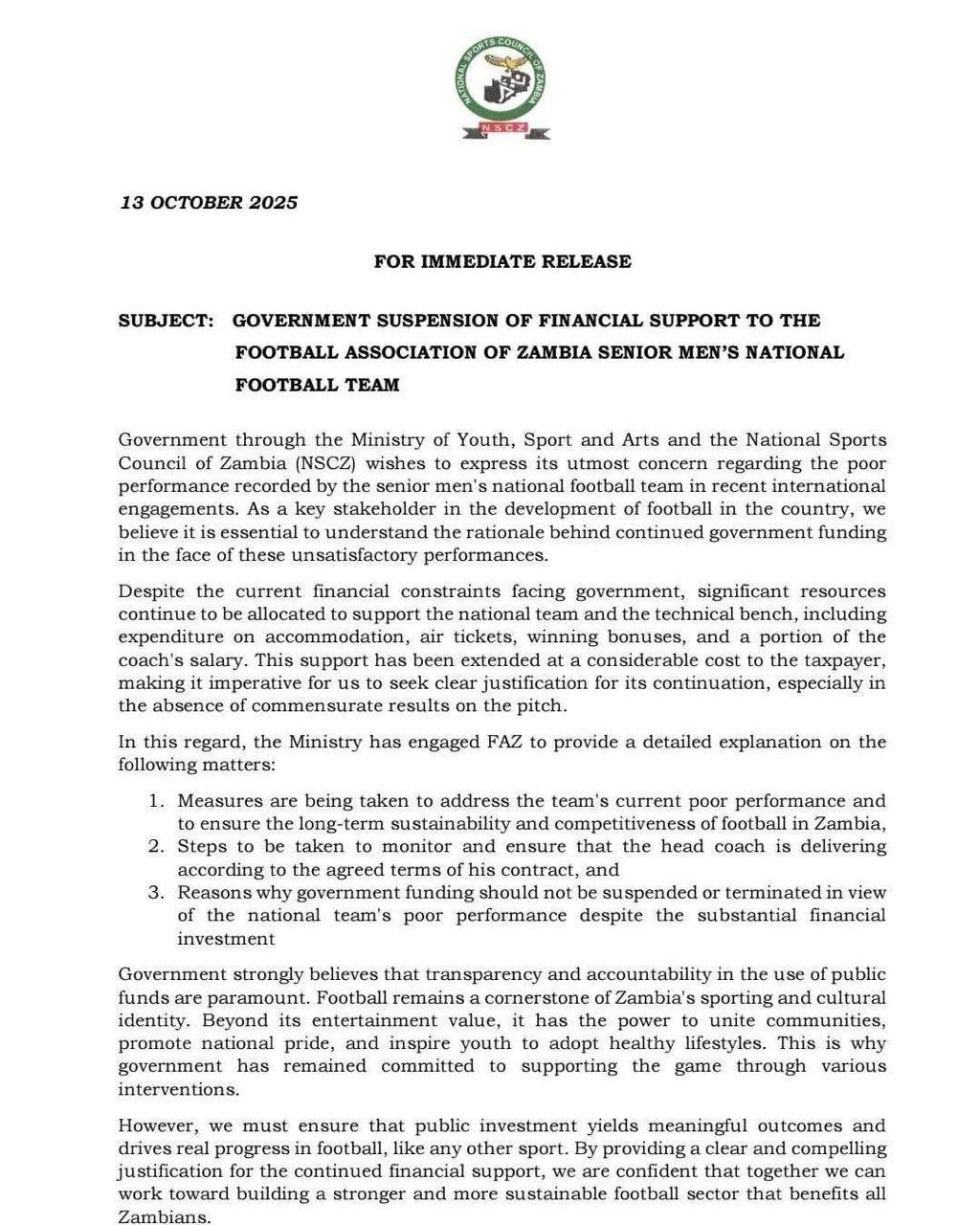 赞比亚男足世预赛失利 政府暂停财政支持促改革