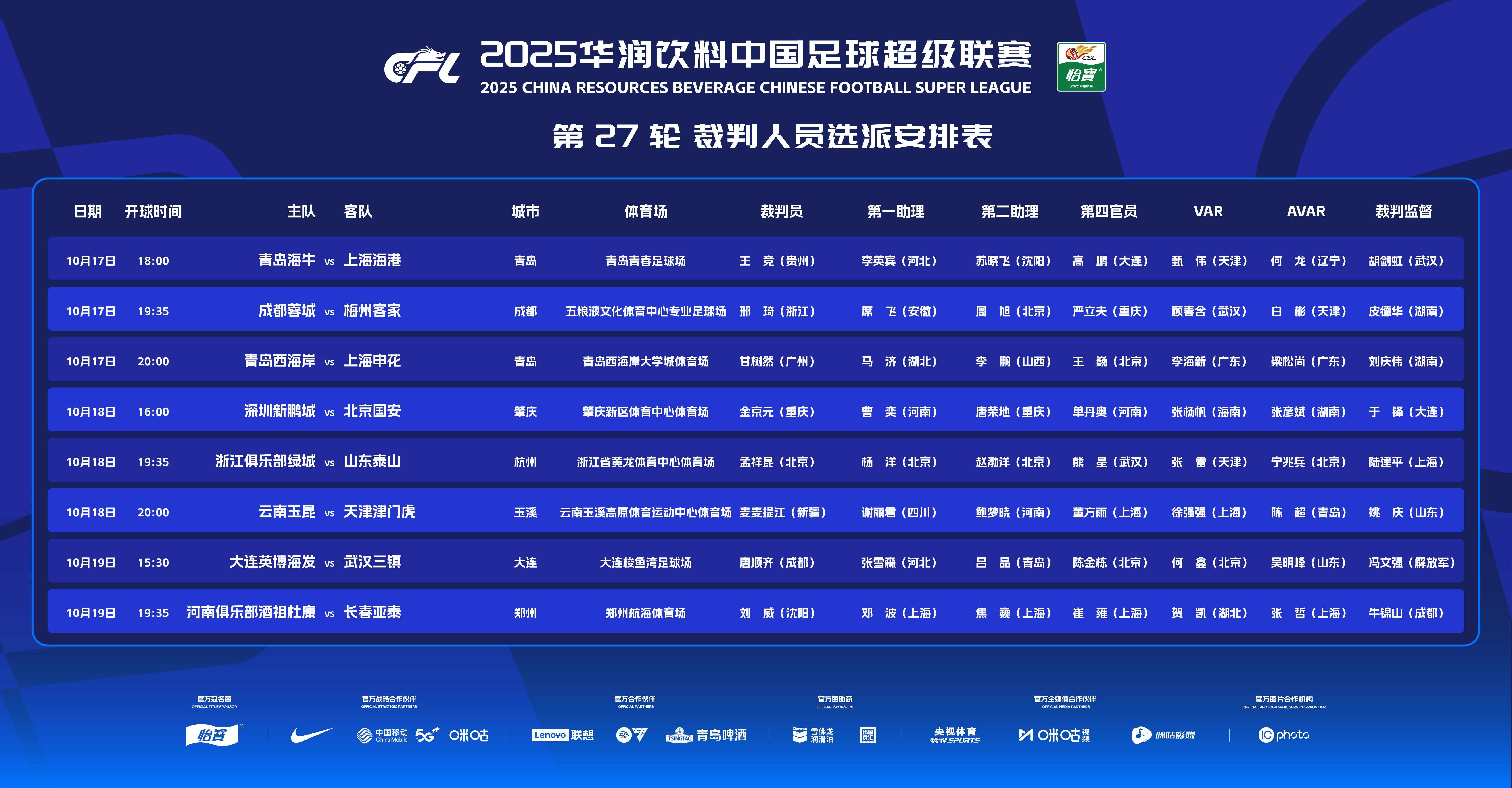 中超第27轮裁判安排：王竞、邢琦等执法多场焦点对决
