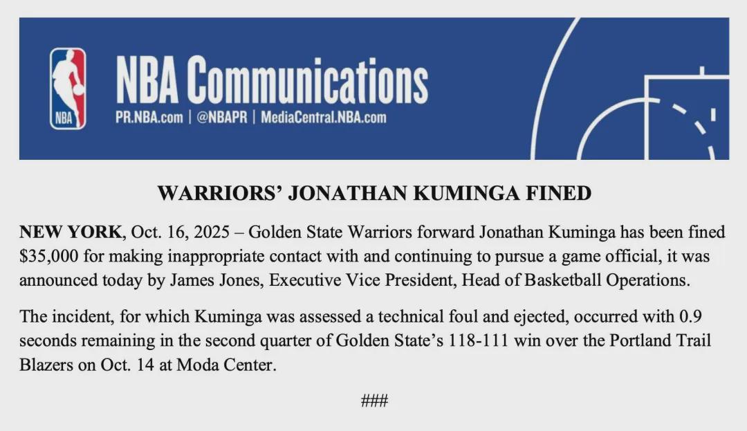 NBA季前赛首罚！库明加因冲突裁判被罚3.5万美元