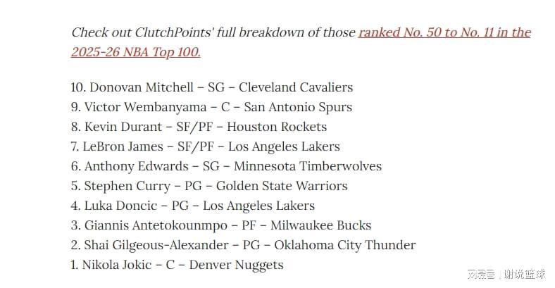 NBA现役百大球星排名揭晓：约基奇居首，库里第五，詹杜前十