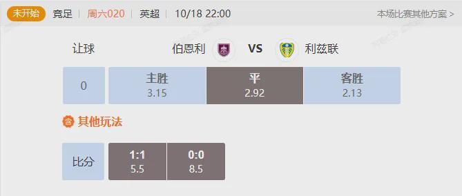 免费方案6连红！英超升班马对决伯恩利VS利兹联能否平局收场？