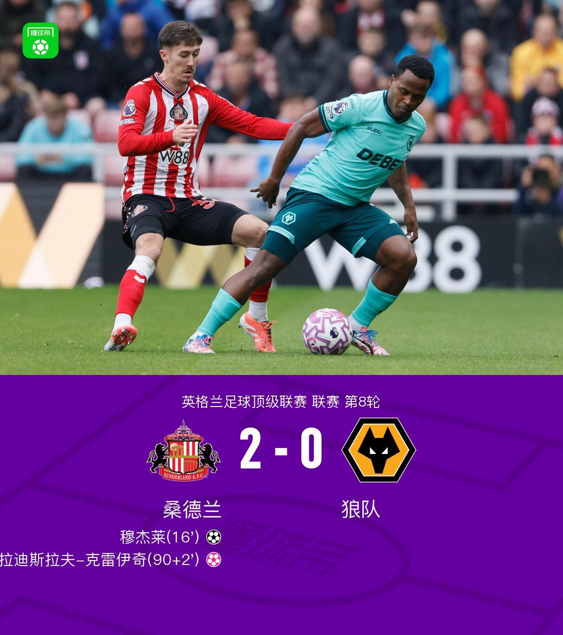 桑德兰2-0完胜狼队：穆杰莱建功，克雷伊奇乌龙成转折