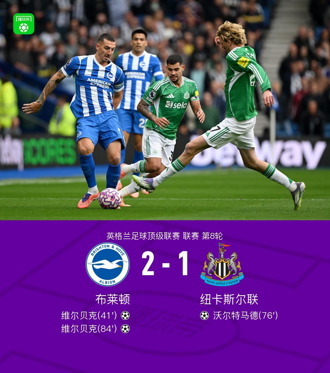 布莱顿2-1力克纽卡斯尔联，维尔贝克双响沃尔特马德惊艳破门