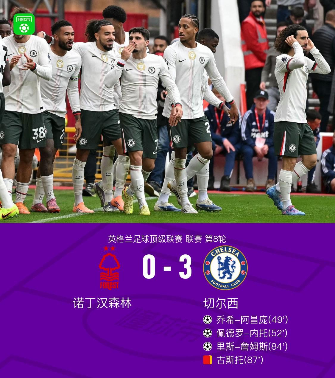 剑南春赞助｜切尔西客场3-0完胜诺丁汉森林，阿昌庞首球古斯托染红