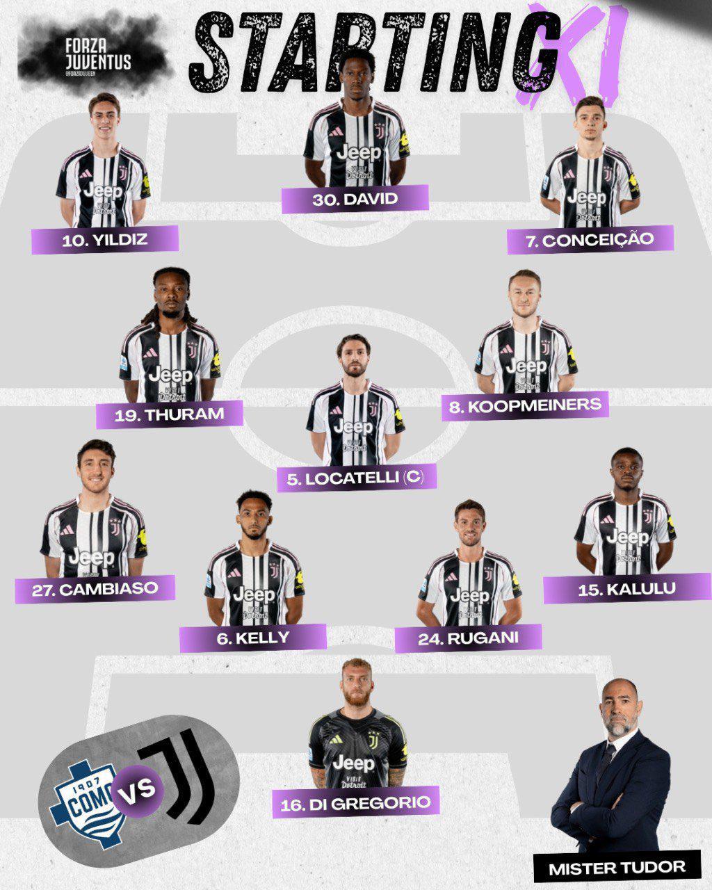 尤文图斯vs科莫首发揭晓：伊尔迪兹领衔，戴维、孔塞桑出战