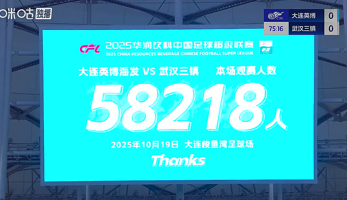 58218人现场观战！中超大连英博主场迎战武汉三镇，球市火爆