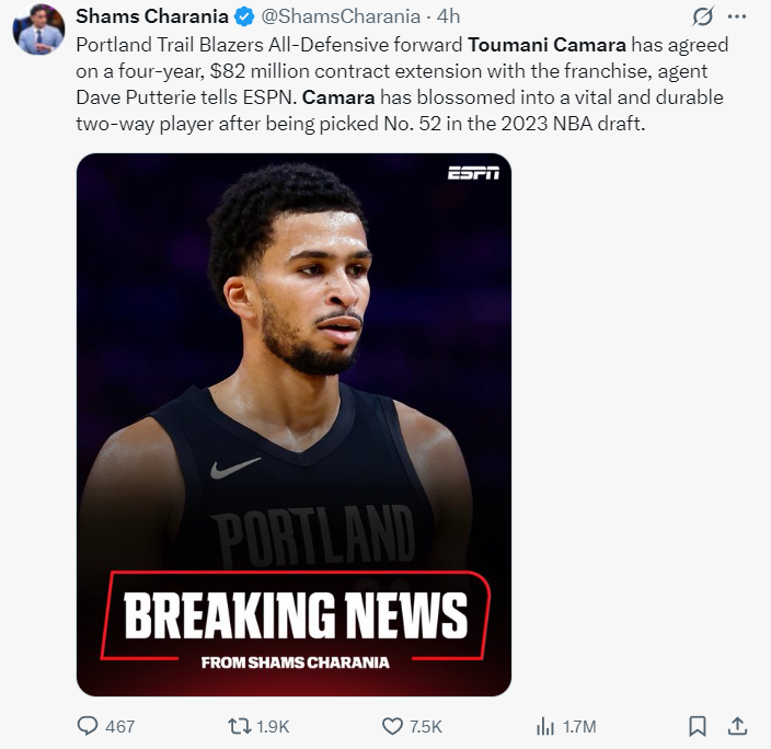 卡马拉夏普续约详情曝光：波特兰开拓者核心薪资结构解析