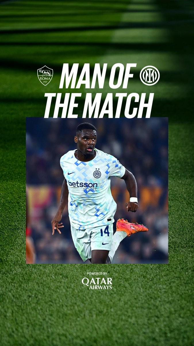 国米官方确认：博尼荣膺对阵罗马比赛队内最佳球员