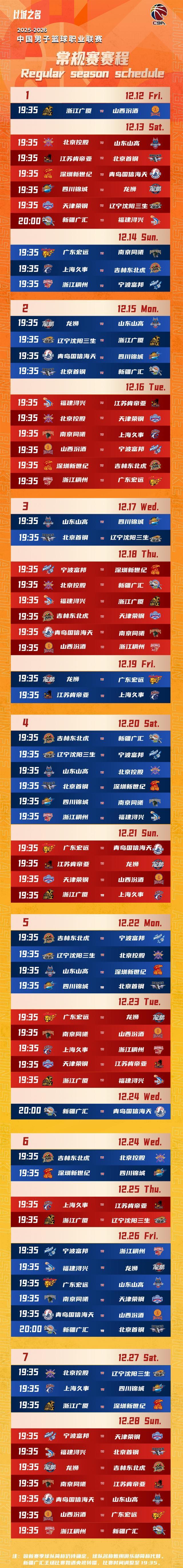 CBA 2025-2026赛季赛程揭晓：12月12日广厦对阵山西开启新征程