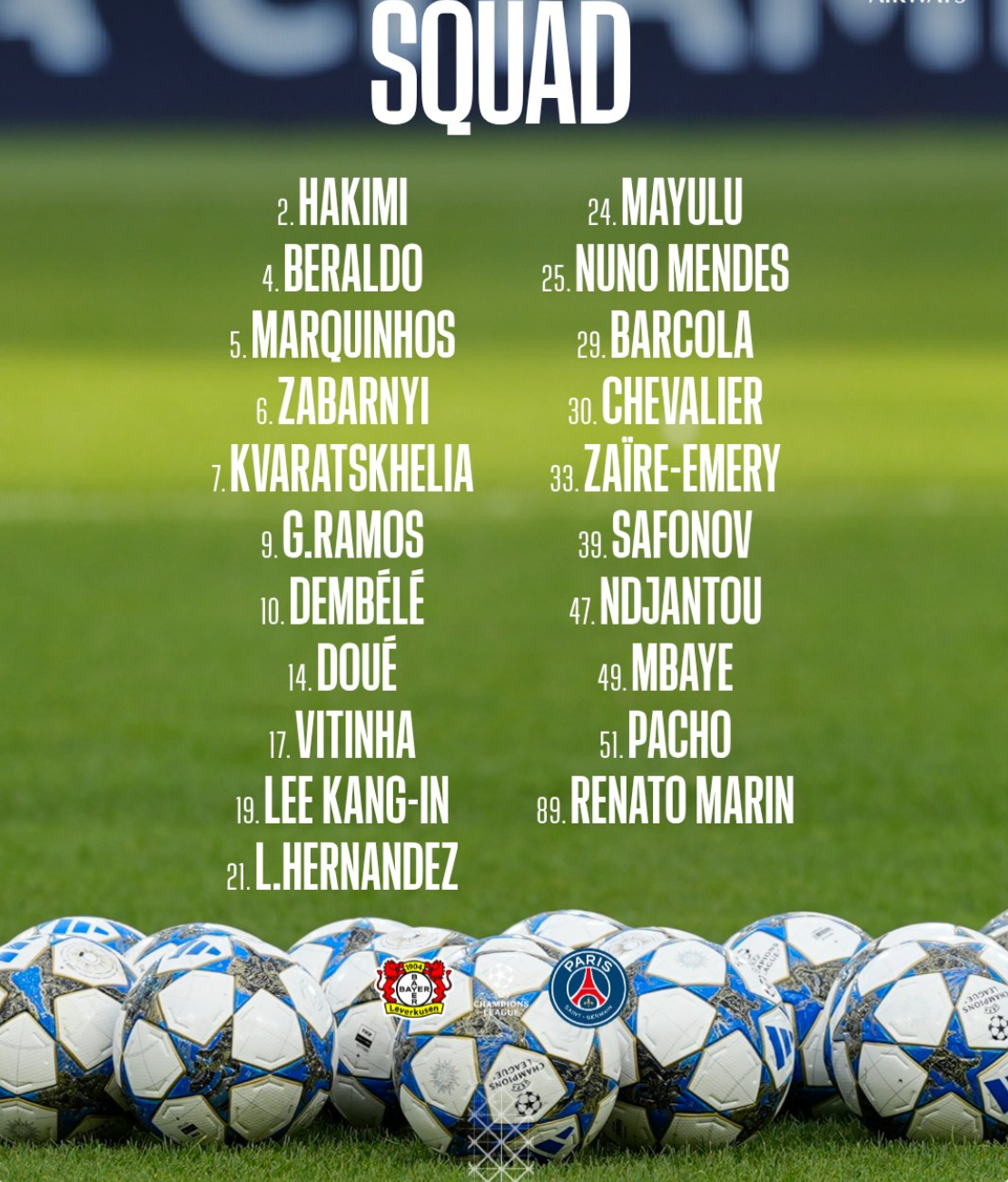 巴黎圣日耳曼客战勒沃库森大名单：登贝莱、马尔基尼奥斯回归