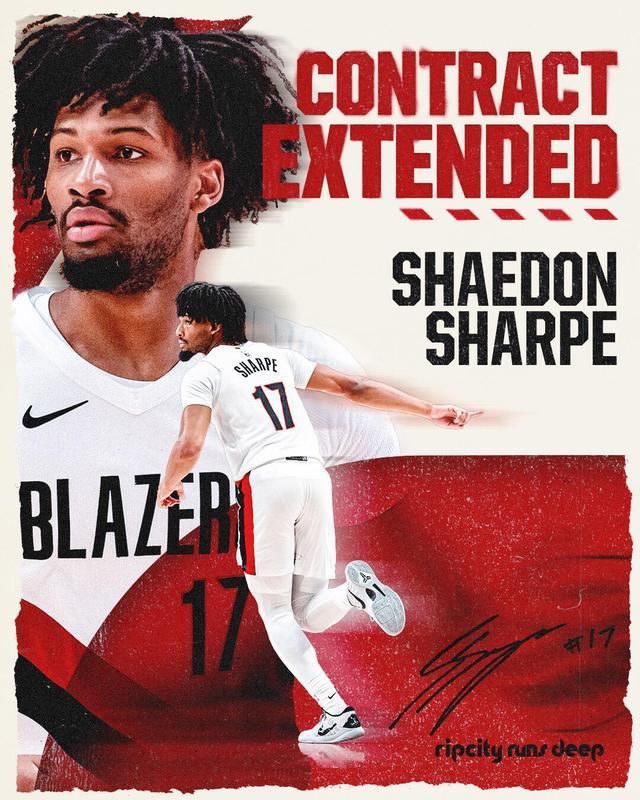 波特兰开拓者官宣：与谢登-夏普签下多年提前续约合同