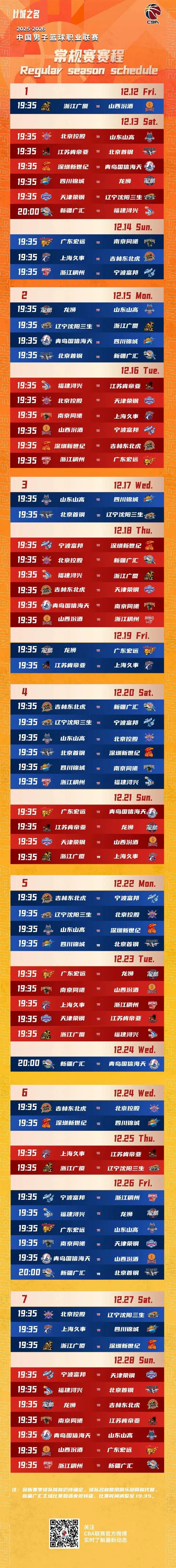 新疆男篮2025-2026赛季CBA赛程全解析