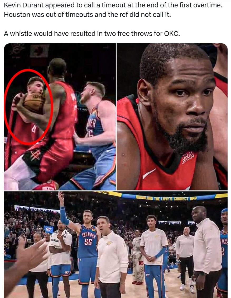 美媒揭秘火箭vs雷霆：KD暂停未获判罚，裁判争议成焦点