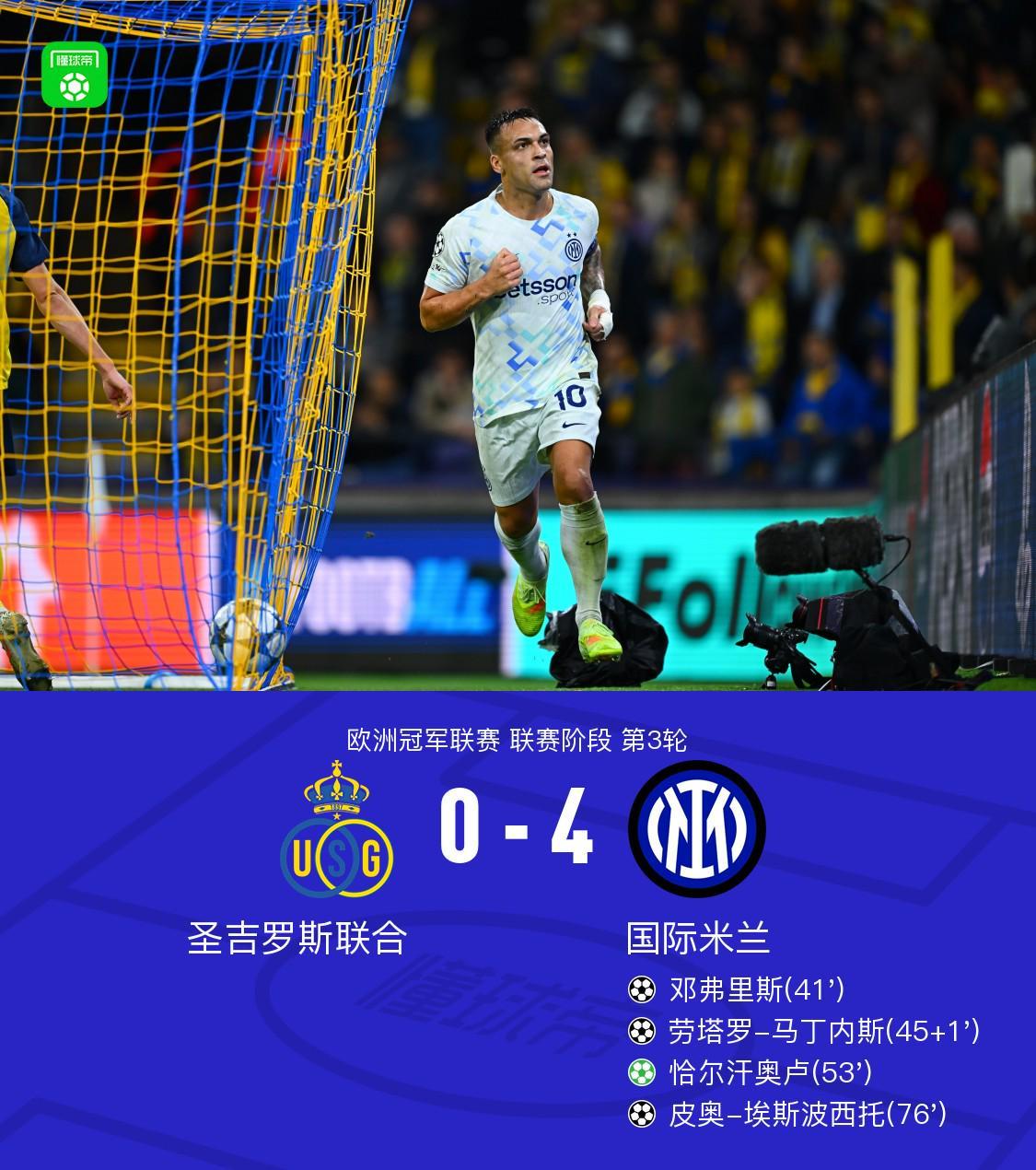 国米客场4-0大胜圣吉罗斯联合，劳塔罗闪耀全场