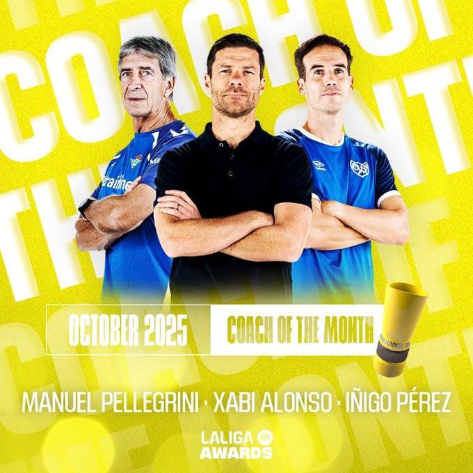 西甲10月最佳主帅候选揭晓：阿隆索、佩莱格里尼、佩雷斯入围