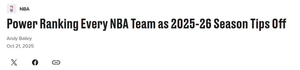 NBA实力榜更新：火箭升至第3，湖人跌至第7，勇士快船分列9、10