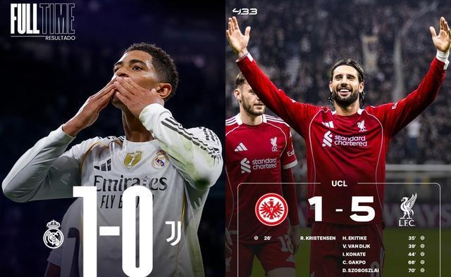 欧冠激战：皇马1-0胜尤文送7场不胜，利物浦5-1终结4连败