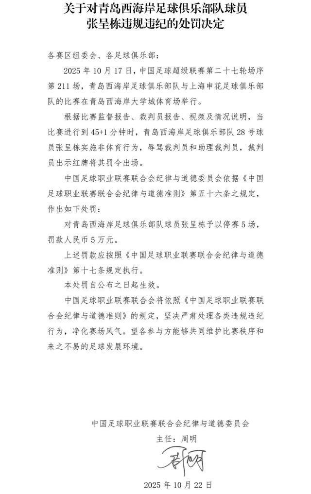 中足联重磅罚单：张呈栋辱骂裁判遭停赛5场罚款5万，俱乐部同步处罚