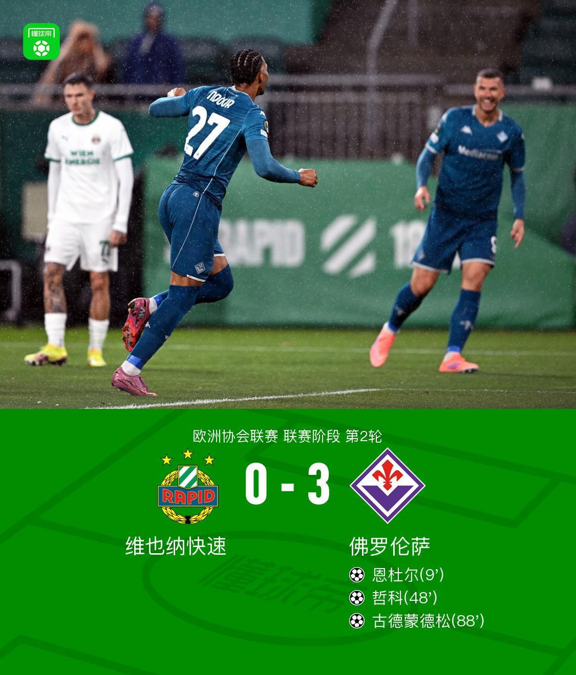 佛罗伦萨客场3-0完胜维也纳快速，恩杜尔哲科古德蒙德松闪耀